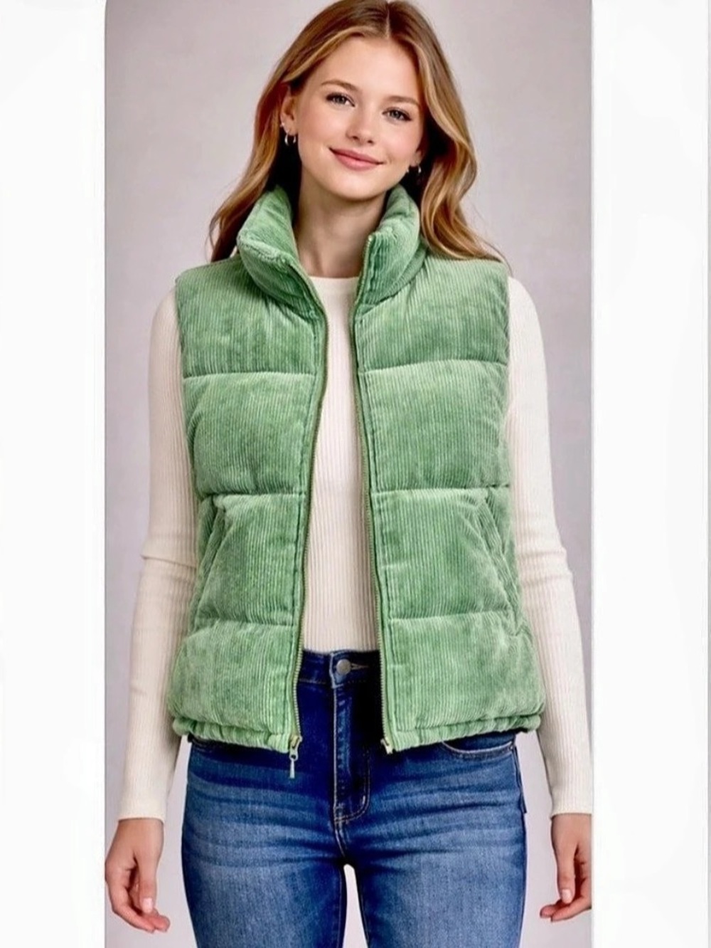 Love Tree Sage Green Corduroy Sherpa Puffer Vest Zip Up Winter Outerwear Small